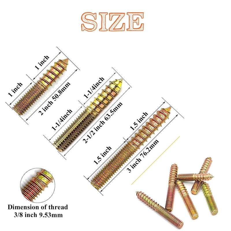 Matrelt 15 Pack 3/8-16" Hanger Bolts 3Sizes 2-3 Inch Double Headed Bolts Wood Dowel Screw Self-Tapping Screw Hanger Bolts for Wood Furniture Double Threaded Rods Bolt - Image 2